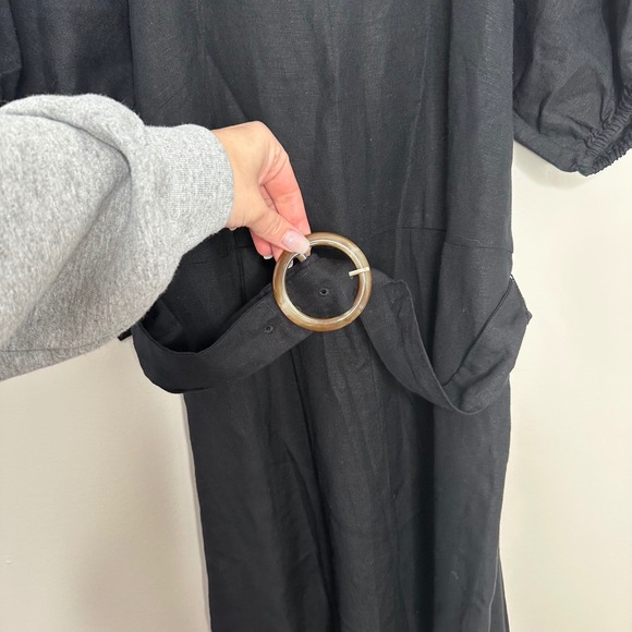 LOFT Women's Black Linen Blend Belted Puff Sleeve V Neck Midi Dress Petite 8P - Picture 4 of 11